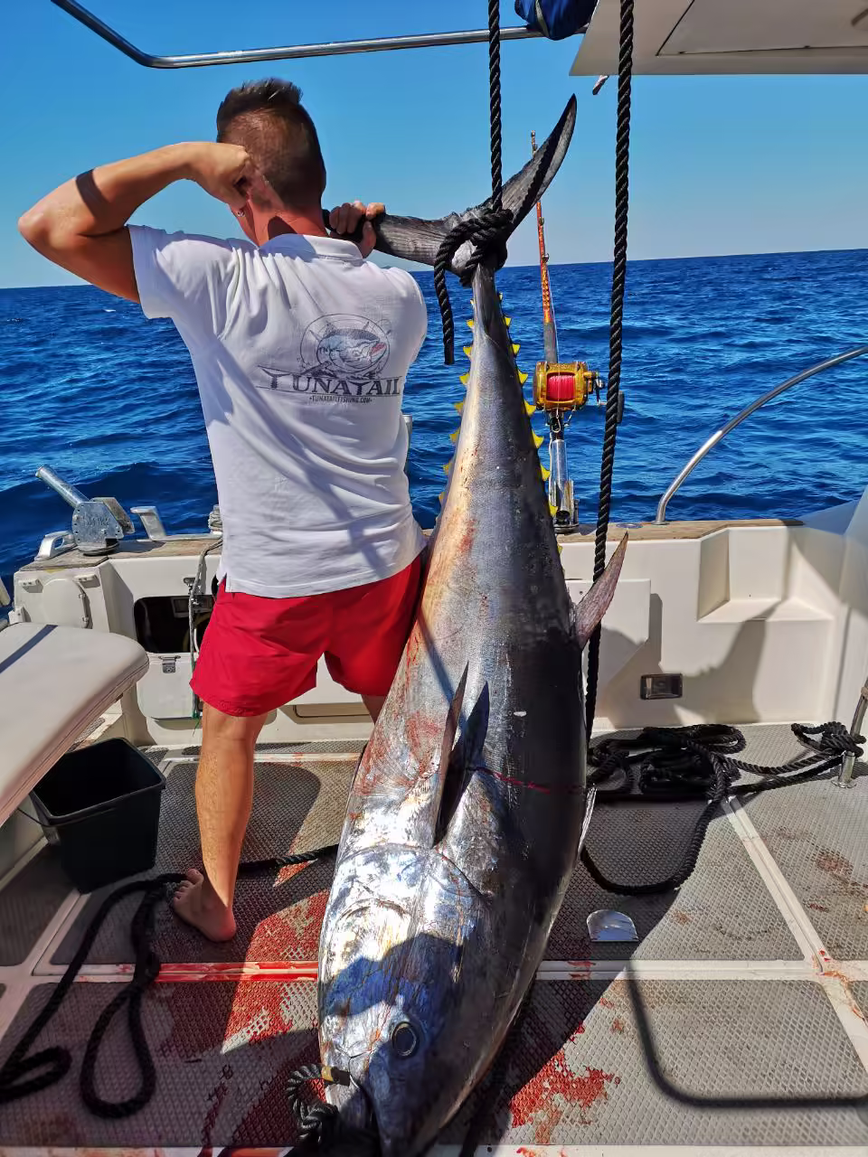 Angler with a Bluefin tuna trophy at sea